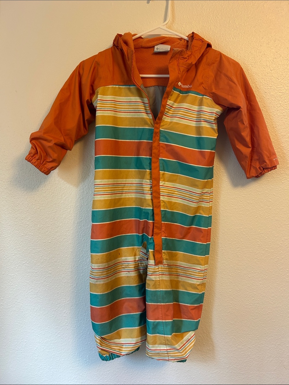 Columbia Orange, Teal & Yellow Striped Kids One-Piece Rain Suit